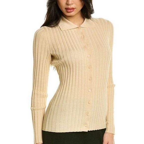 Vince Long Sleeved Ribbed Collar Cardigan in Milk Honey NWT Size Medium - Picture 1 of 8